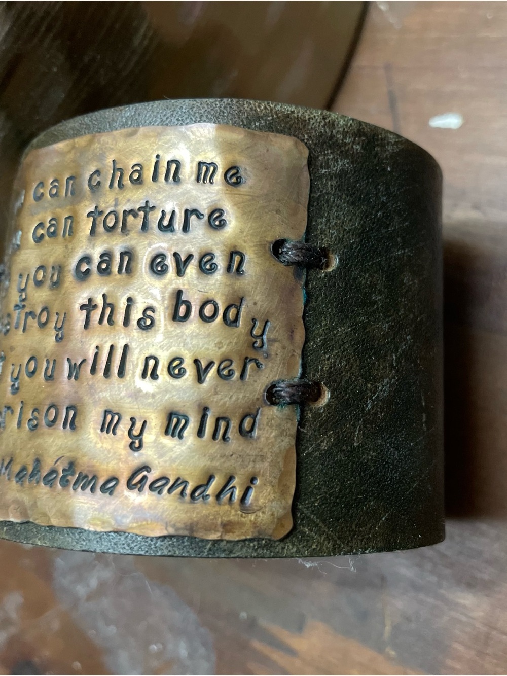Brass Quote leather cuff bracelet size small- Mahatma Gandhi - Antique Brass